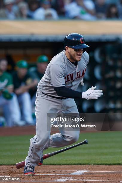 Roberto Perez of the Cleveland Indians at bat against the Oakland Athletics during the second inning at the Oakland Coliseum on June 29, 2018 in...