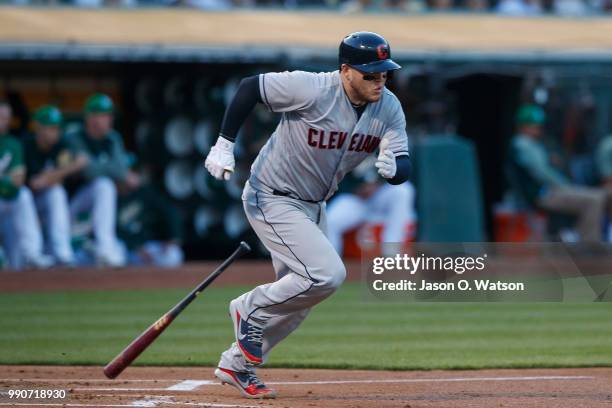 Roberto Perez of the Cleveland Indians at bat against the Oakland Athletics during the second inning at the Oakland Coliseum on June 29, 2018 in...