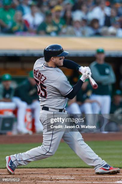 Roberto Perez of the Cleveland Indians at bat against the Oakland Athletics during the second inning at the Oakland Coliseum on June 29, 2018 in...