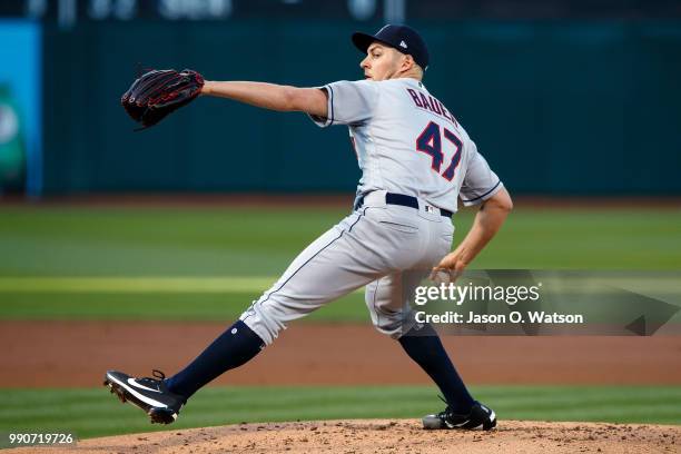 Trevor Bauer of the Cleveland Indians pitches against the Oakland Athletics during the first inning at the Oakland Coliseum on June 29, 2018 in...