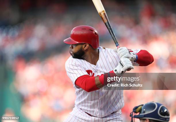 Carlos Santana of the Philadelphia Phillies in action against the Washington Nationals during a game at Citizens Bank Park on June 29, 2018 in...