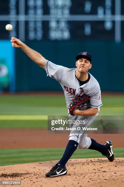 Trevor Bauer of the Cleveland Indians pitches against the Oakland Athletics during the first inning at the Oakland Coliseum on June 29, 2018 in...