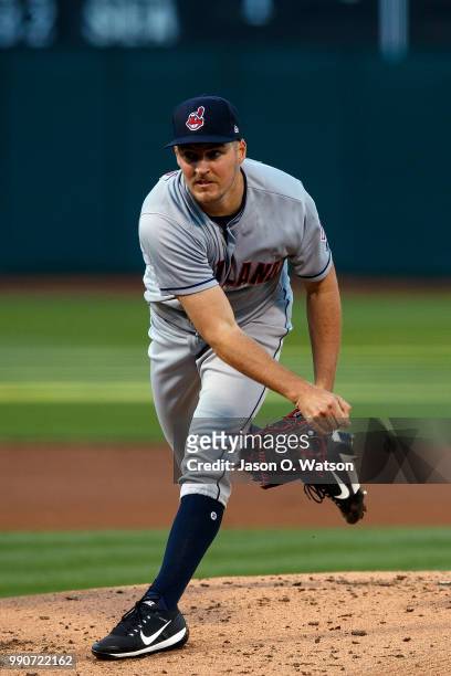Trevor Bauer of the Cleveland Indians pitches against the Oakland Athletics during the first inning at the Oakland Coliseum on June 29, 2018 in...