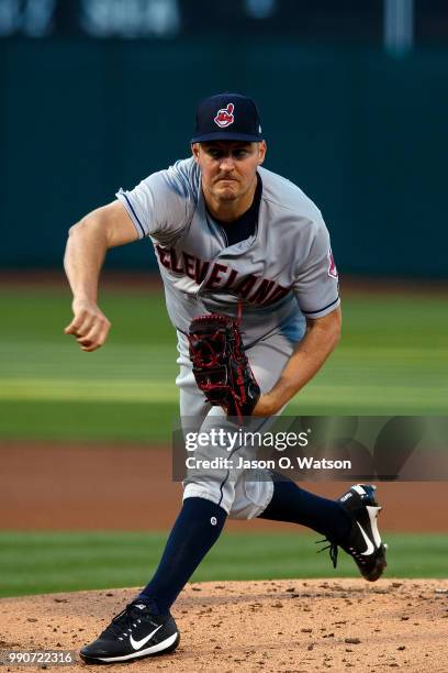 Trevor Bauer of the Cleveland Indians pitches against the Oakland Athletics during the first inning at the Oakland Coliseum on June 29, 2018 in...