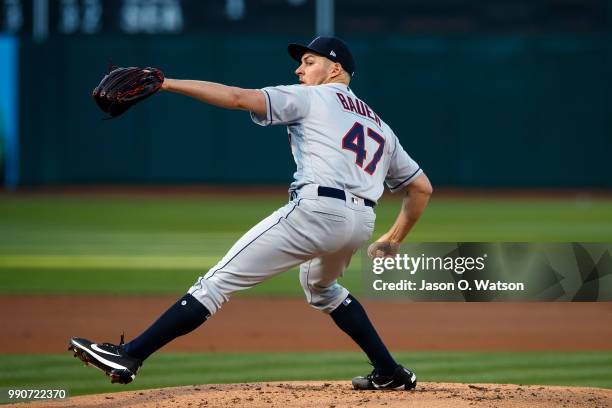 Trevor Bauer of the Cleveland Indians pitches against the Oakland Athletics during the first inning at the Oakland Coliseum on June 29, 2018 in...