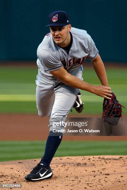 Trevor Bauer of the Cleveland Indians pitches against the Oakland Athletics during the first inning at the Oakland Coliseum on June 29, 2018 in...