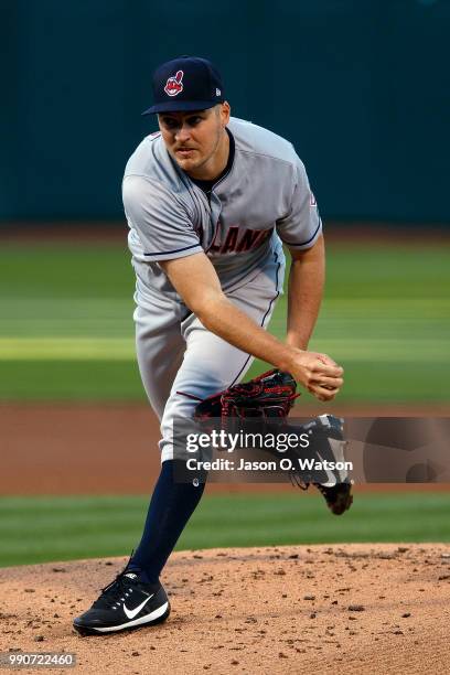 Trevor Bauer of the Cleveland Indians pitches against the Oakland Athletics during the first inning at the Oakland Coliseum on June 29, 2018 in...