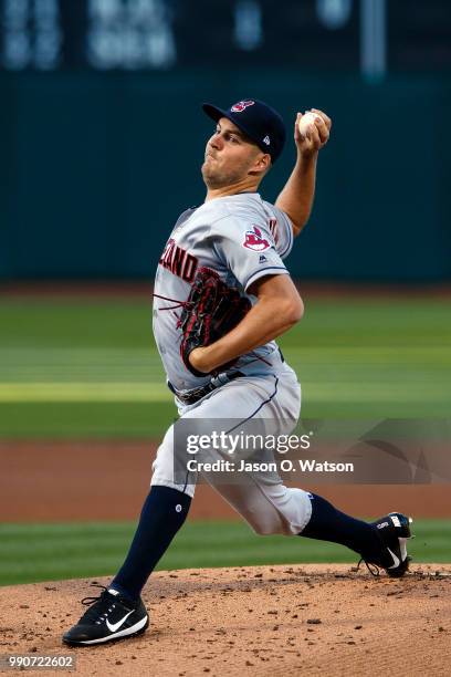 Trevor Bauer of the Cleveland Indians pitches against the Oakland Athletics during the first inning at the Oakland Coliseum on June 29, 2018 in...