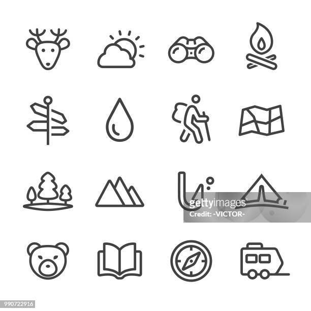 stockillustraties, clipart, cartoons en iconen met reizen en kamperen icons - line serie - guidebook