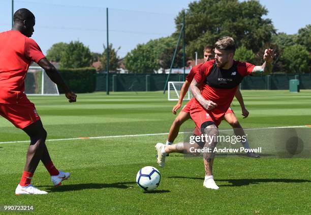 Alberto Moreno of Liverpool during a training session on the second day back at Melwood Training Ground for the pre-season training on July 3, 2018...