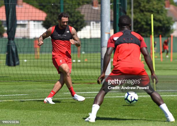Danny Ings of Liverpool during a training session on the second day back at Melwood Training Ground for the pre-season training on July 3, 2018 in...