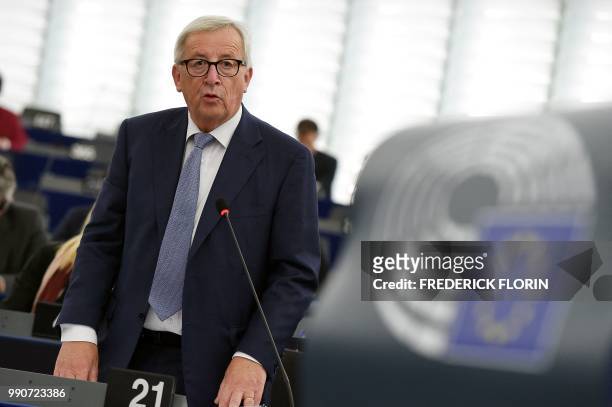 European Commission President Jean-Claude Juncker speaks during a debate on the outcome of the 28-29 June EU summit during a plenary session at the...