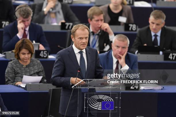 European Council President Donald Tusk speaks during a debate on the outcome of the 28-29 June EU summit during a plenary session at the European...