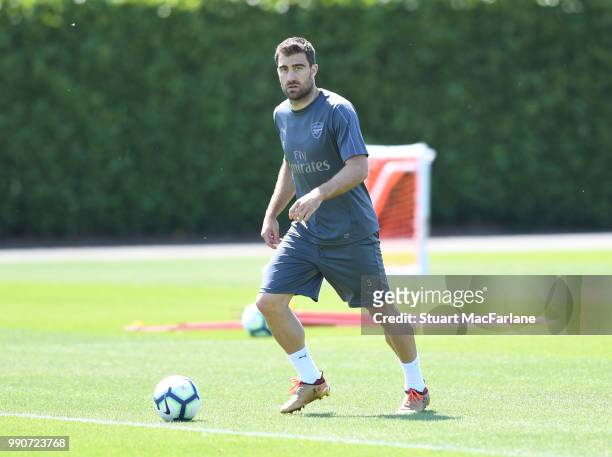 Sokratis Papastathopoulos of Arsenal controls the ball during a training session at London Colney on July 3, 2018 in St Albans, England.