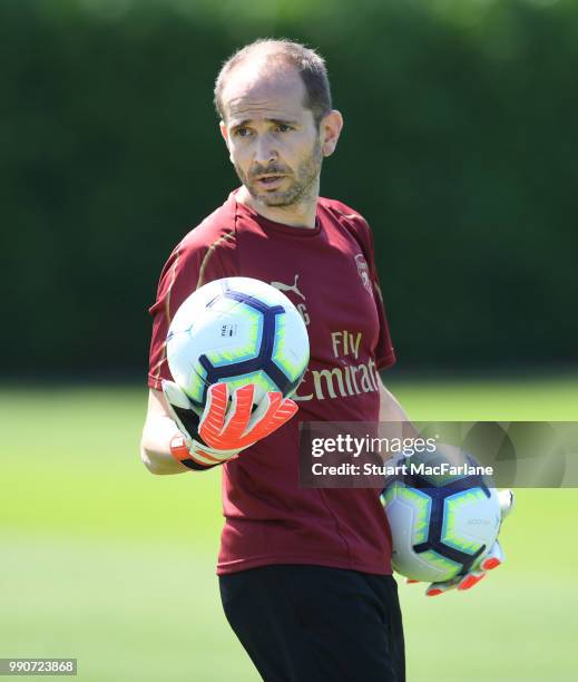 Arsenal goalkeeping coach Javi Garcia during a training session at London Colney on July 3, 2018 in St Albans, England.