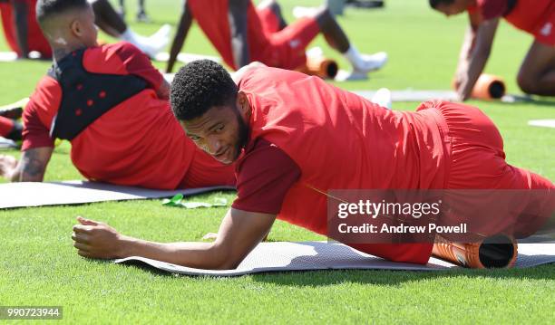 Joe Gomez of Liverpool during a training session on the second day back at Melwood Training Ground for the pre-season training on July 3, 2018 in...