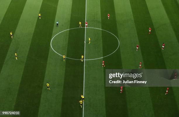 Emil Forsberg of Sweden prepares for kick off during the 2018 FIFA World Cup Russia Round of 16 match between Sweden and Switzerlandat Saint...