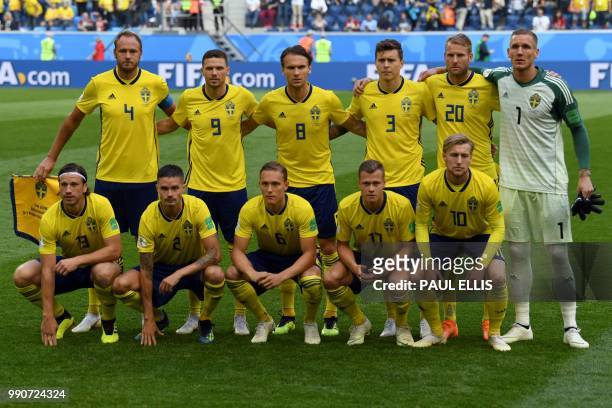 Sweden's players defender Andreas Granqvist, forward Marcus Berg, midfielder Albin Ekdal, defender Victor Lindelof, forward Ola Toivonen, goalkeeper...