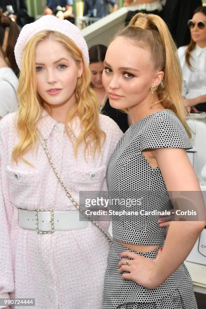 Ellie Bamber and Lily-Rose Depp attend the Chanel Haute Couture Fall/Winter 2018-2019 show as part of Haute Couture Paris Fashion Week on July 3,...