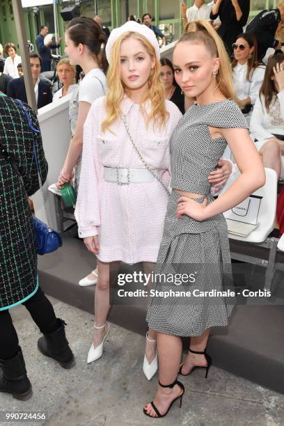 Ellie Bamber and Lily-Rose Depp attend the Chanel Haute Couture Fall/Winter 2018-2019 show as part of Haute Couture Paris Fashion Week on July 3,...