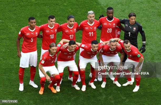 Switzerland pose for a team photo prior to the 2018 FIFA World Cup Russia Round of 16 match between Sweden and Switzerlandat Saint Petersburg Stadium...