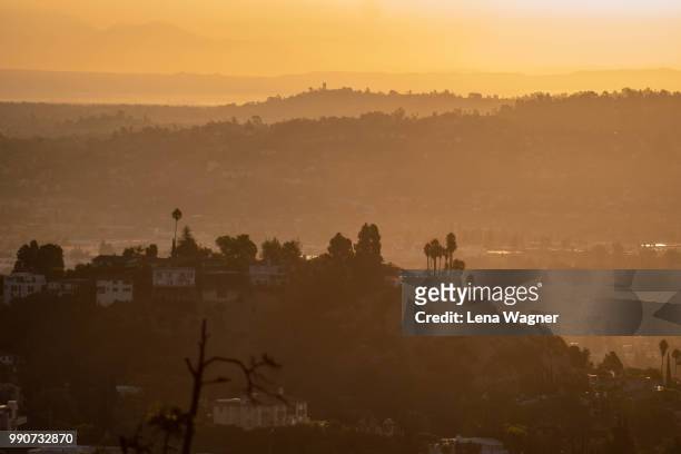 orange sunset over hollywood hills - hollywood hills los angeles stockfoto's en -beelden