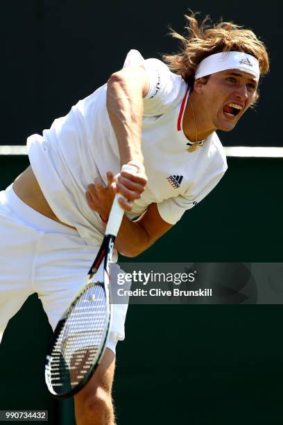 Alexander Zverev of Germany in action against James Duckworth of Australia during their Men's Singles first round match on day two of the Wimbledon...