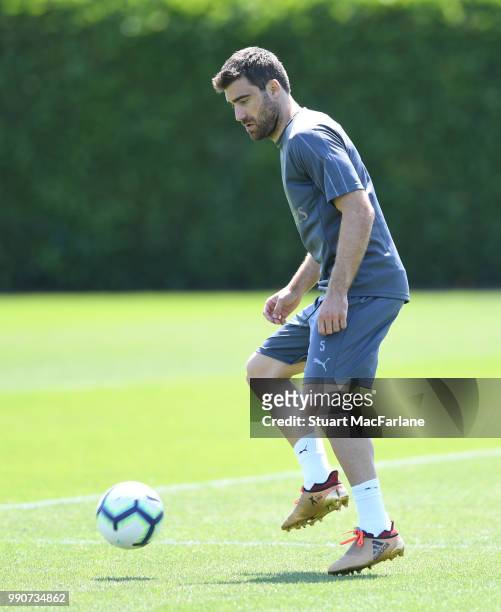 Sokratis Papastathopoulos of Arsenal controls the ball during a training session at London Colney on July 3, 2018 in St Albans, England.