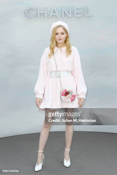 Ellie Bamber attends the Chanel Haute Couture Fall Winter 2018/19 show at Le Grand Palais on July 3, 2018 in Paris, France.