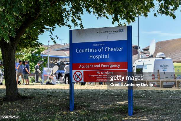 Media gather outside the Countess of Chester Hospital on July 3, 2018 in Chester, United Kingdom. Health care worker at the Countess of Chester...