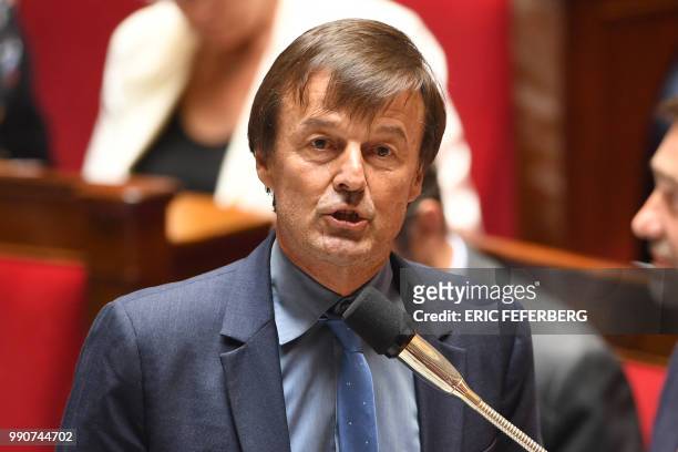 French Minister for the Ecological and Inclusive Transition Nicolas Hulot speaks during a session of questions to the government at the National...