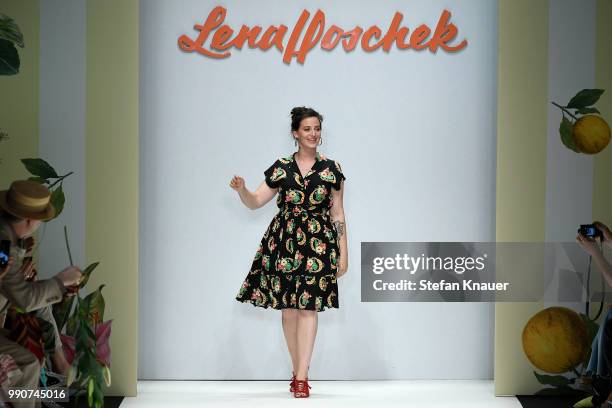 Designer Lena Hoschek acknowledges the applause of the audience after her show during the Berlin Fashion Week Spring/Summer 2019 at ewerk on July 3,...