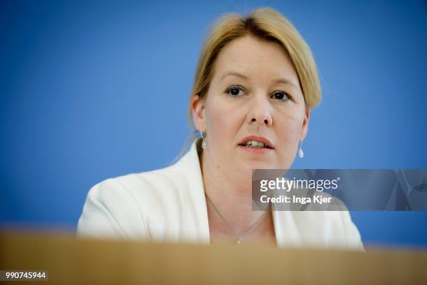 German Family Minister Franziska Giffey captured at the federal press conference on July 03, 2018 in Berlin, Germany.