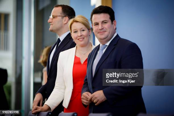 Berlin, Germany German Health Minister Jens Spahn , German Family Minister Franziska Giffey and German Minister of Work and Social Issues Hubertus...