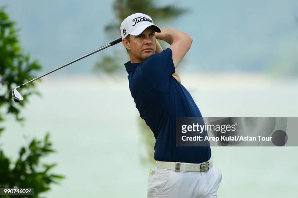 Adam Blyth of Australia in action during the practice round of the Sarawak Championship at Damai Golf and Country Club on July 3, 2018 in Kuching,...