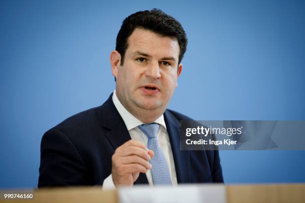 Berlin, Germany German Minister of Work and Social Issues Hubertus Heil captured at the federal press conference on July 03, 2018 in Berlin, Germany.