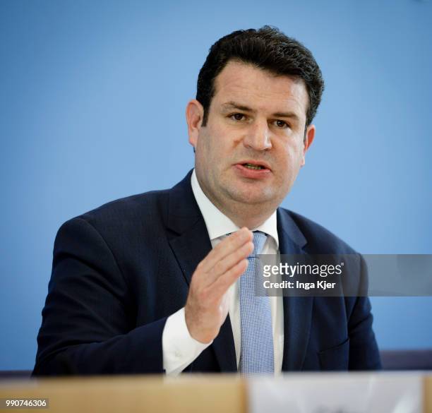 Berlin, Germany German Minister of Work and Social Issues Hubertus Heil captured at the federal press conference on July 03, 2018 in Berlin, Germany.
