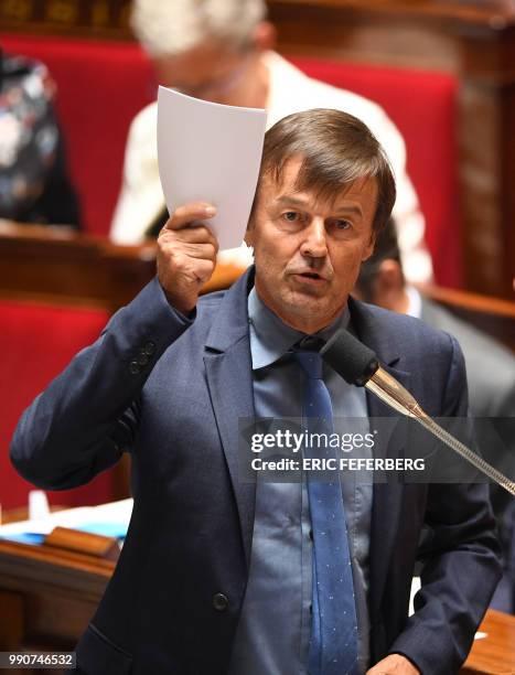 French Minister for the Ecological and Inclusive Transition Nicolas Hulot speaks during a session of questions to the government at the National...