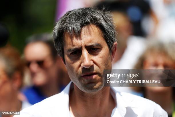 French lawmaker Francois Ruffin of the "La France Insoumise" left-wing party arrives for a visit at the psychiatric hospital "Pierre Janet" in Le...