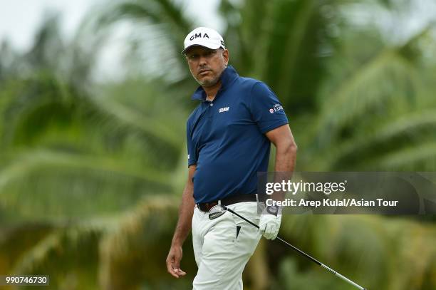 Jeev Milkha Singh of India in action during the practice round of the Sarawak Championship at Damai Golf and Country Club on July 3, 2018 in Kuching,...