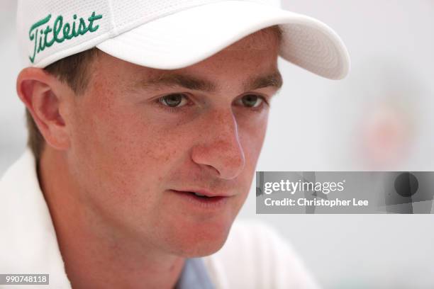 Paul Dunne of Ireland talks to the media in the press conference during the Dubai Duty Free Irish Open Previews at Ballyliffin Golf Club on July 3,...