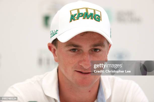 Paul Dunne of Ireland talks to the media in the press conference during the Dubai Duty Free Irish Open Previews at Ballyliffin Golf Club on July 3,...