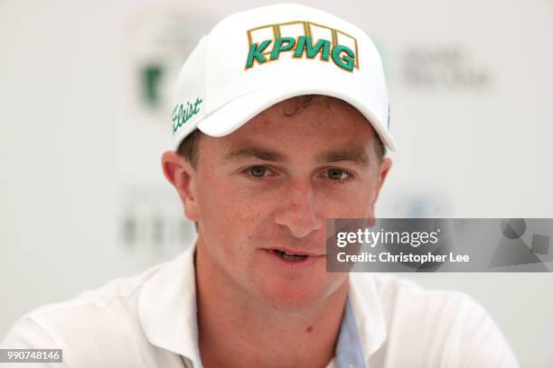 Paul Dunne of Ireland talks to the media in the press conference during the Dubai Duty Free Irish Open Previews at Ballyliffin Golf Club on July 3,...