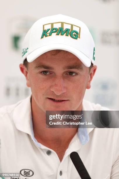 Paul Dunne of Ireland talks to the media in the press conference during the Dubai Duty Free Irish Open Previews at Ballyliffin Golf Club on July 3,...