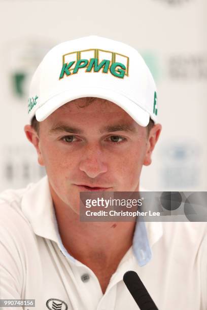 Paul Dunne of Ireland talks to the media in the press conference during the Dubai Duty Free Irish Open Previews at Ballyliffin Golf Club on July 3,...