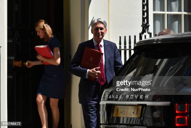 British Chancellor of the Exchequer, Philip Hammond, leaves Downing Street to make his way to the House of Commons, London on July 3, 2018.