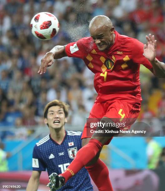 July 2, 2018 -- Vincent Kompany of Belgium competes for a header during the 2018 FIFA World Cup round of 16 match between Belgium and Japan in...