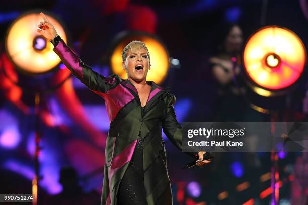 Pink performs on stage at Perth Arena on July 3, 2018 in Perth, Australia.