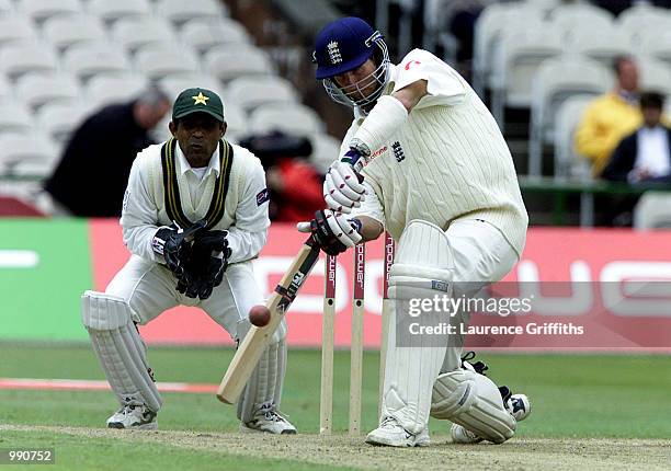 Michael Vaughan of England hits out during the Second Npower Test match between England and Pakistan at Old Trafford, Manchester. Digital Image....