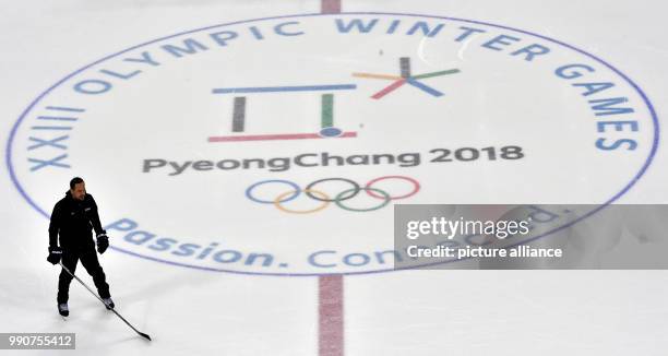 German hockey trainer Marco Sturm skates on the ice at Kwandong-Hockey-Centre in Gangneung, South Korea, 24 February 2018. Photo: Peter Kneffel/dpa